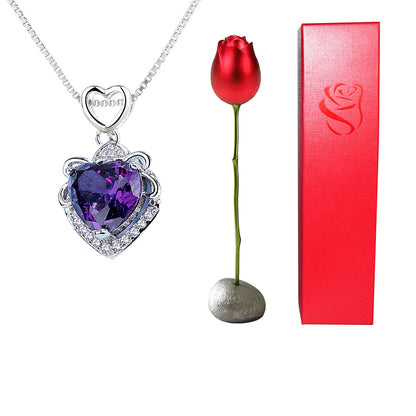 new Heart Shaped Blue Purple Crystal Diamond Pendant Rose Head Necklace