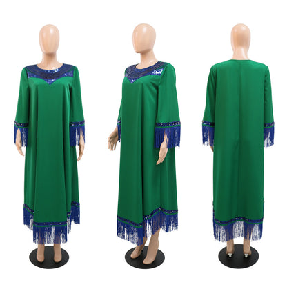 2025 Women Sequins Tassel Muslim Abaya Kaftan Evening Dress