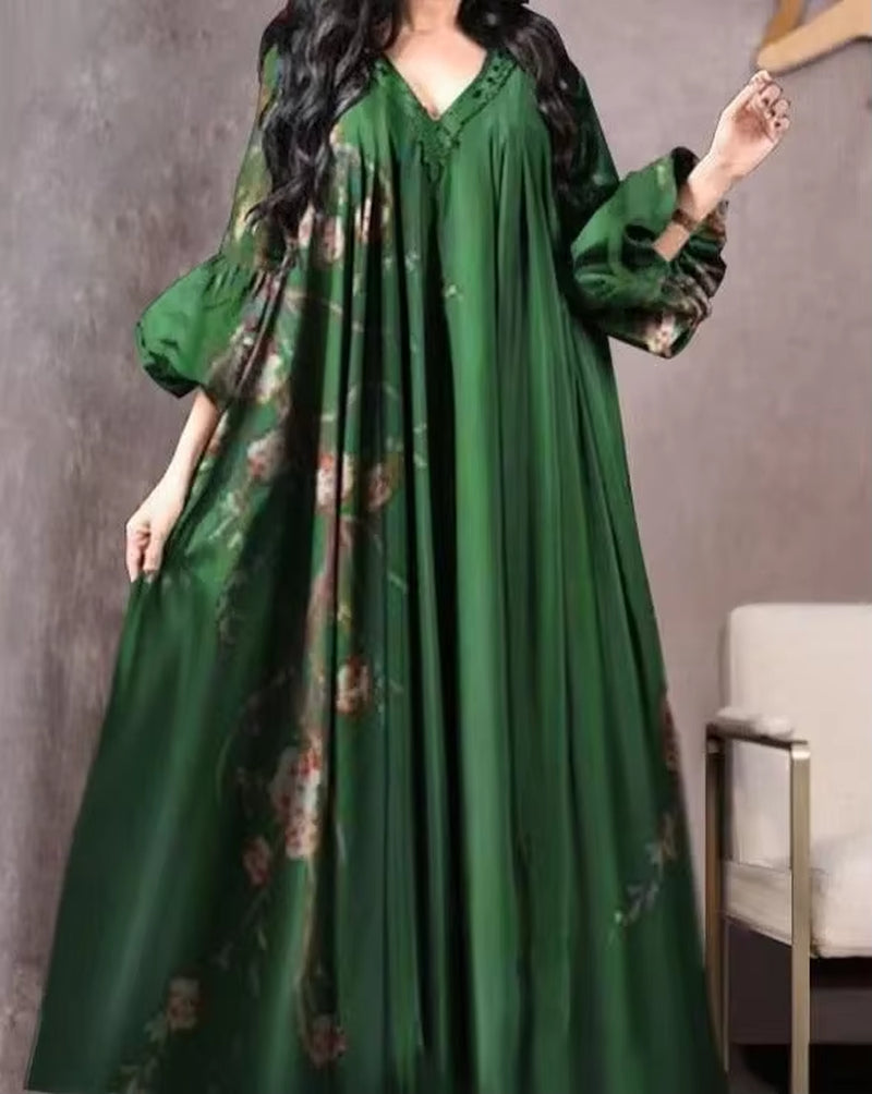 Elegant Vintage Printed Women's Abaya - Breathable Loose-Fitting Long Sleeve Robe with V-Neck Design