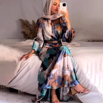 Women Exotic Floral Printed Muslim Dress Long Skirt Dubai Turkey Pleated Waist Spring Fashion Long Sleeve Casual Abayas