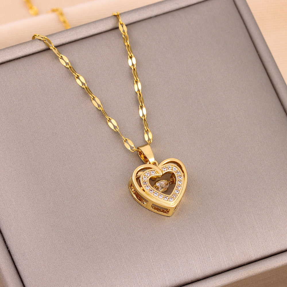 Double-Layer Love Necklace with Rhinestones Titanium Steel Pendant Fashion Jewelry Woman Valentines Day Gift