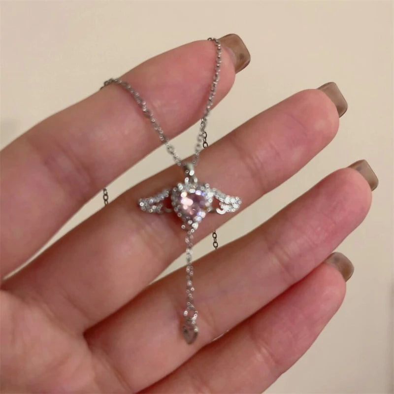 2025 Crystal Angel Wings Heart Pendant Necklace Y2K Girl Simple Pink White Zircon Love Elegant Ladies Necklace Women Jewelry