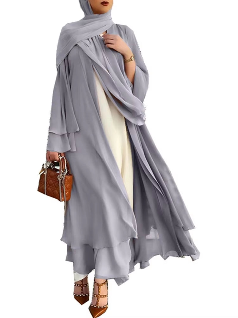 Chiffon Abaya Kimono for Women - Casual Islamic Cardigan with Belt, Dubai Style