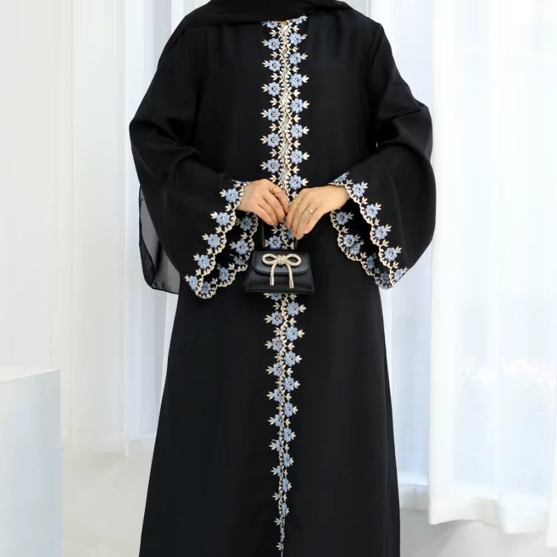 Embroidered Floral Open Abaya for Women - Ramadan Islamic Fashion Cardigan Robe from Dubai