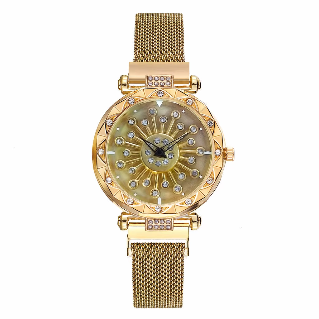 2025 Reloj Mujer Creative Whirling Women Watches Magnet Buckle Rotating Diamond Dial Quatrz Wristwatch Ladies Watches Best Gifts