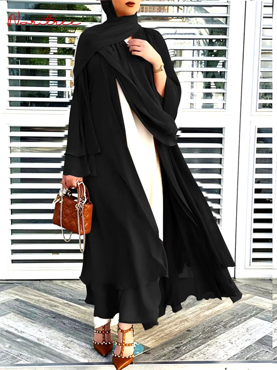 Chiffon Abaya Kimono for Women - Casual Islamic Cardigan with Belt, Dubai Style