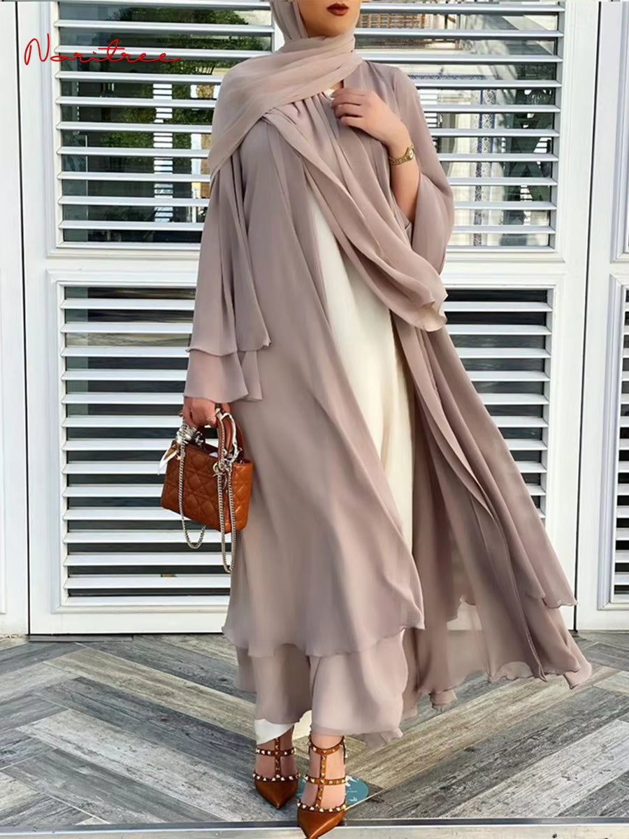 Chiffon Abaya Kimono for Women - Casual Islamic Cardigan with Belt, Dubai Style