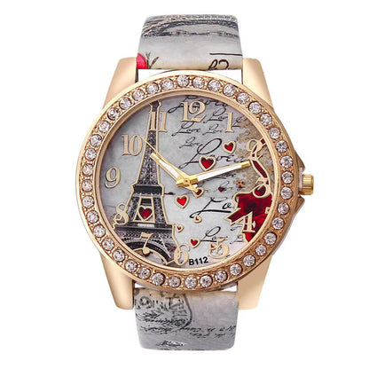 Women Big Watches Fashion Luxury Crystal Paris Eiffel Tower Watches Women Leather Band Quartz Wristwatch Casual Ladies Watches