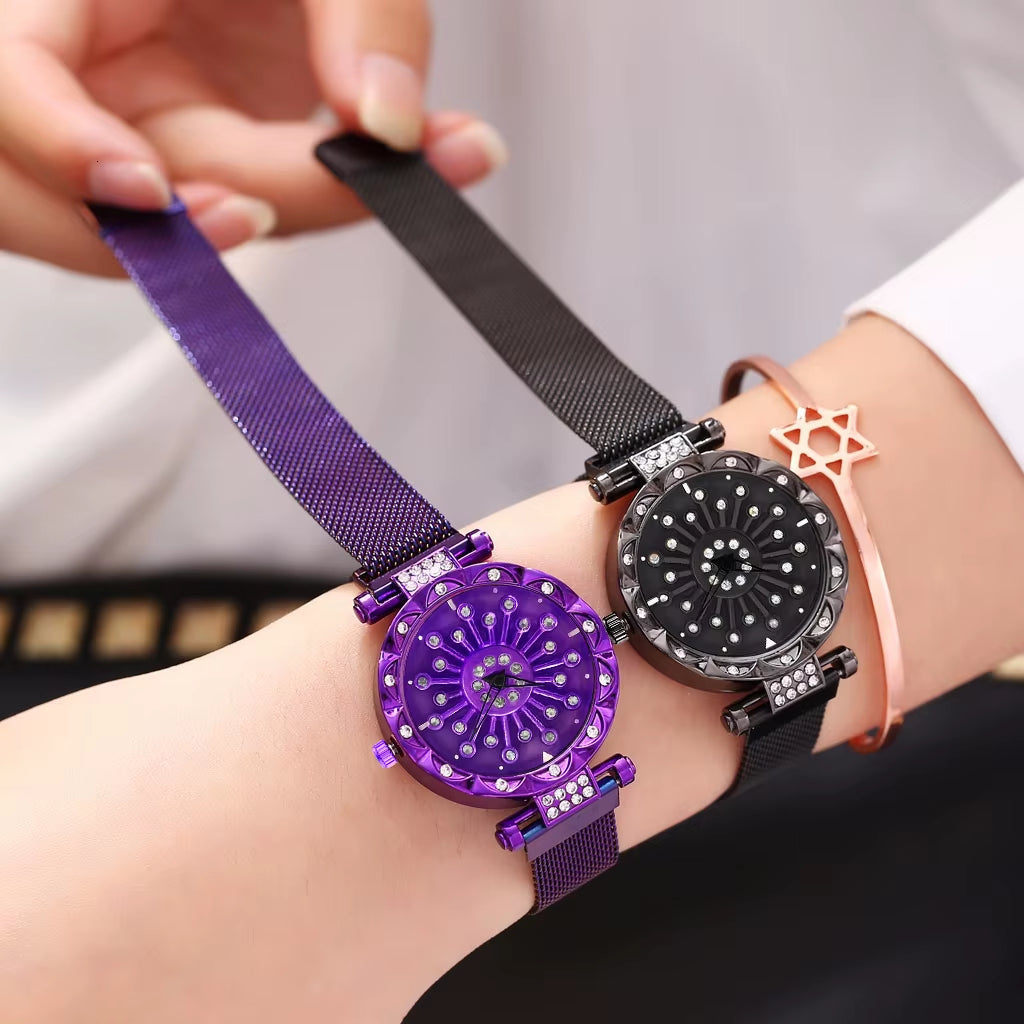 2025 Reloj Mujer Creative Whirling Women Watches Magnet Buckle Rotating Diamond Dial Quatrz Wristwatch Ladies Watches Best Gifts