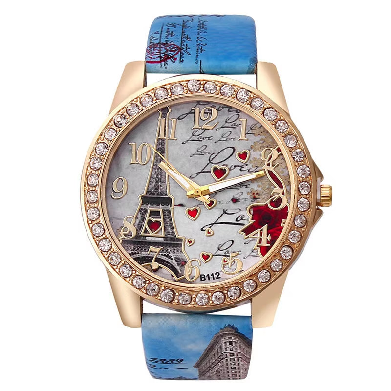 Women Big Watches Fashion Luxury Crystal Paris Eiffel Tower Watches Women Leather Band Quartz Wristwatch Casual Ladies Watches