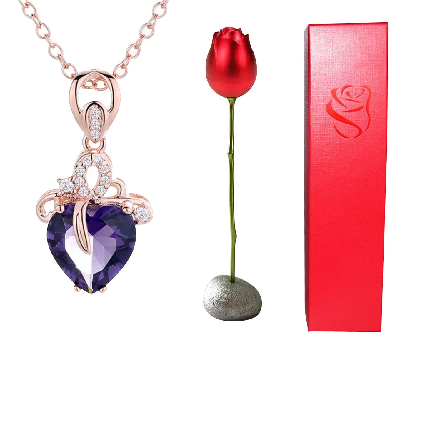 new Heart Shaped Blue Purple Crystal Diamond Pendant Rose Head Necklace