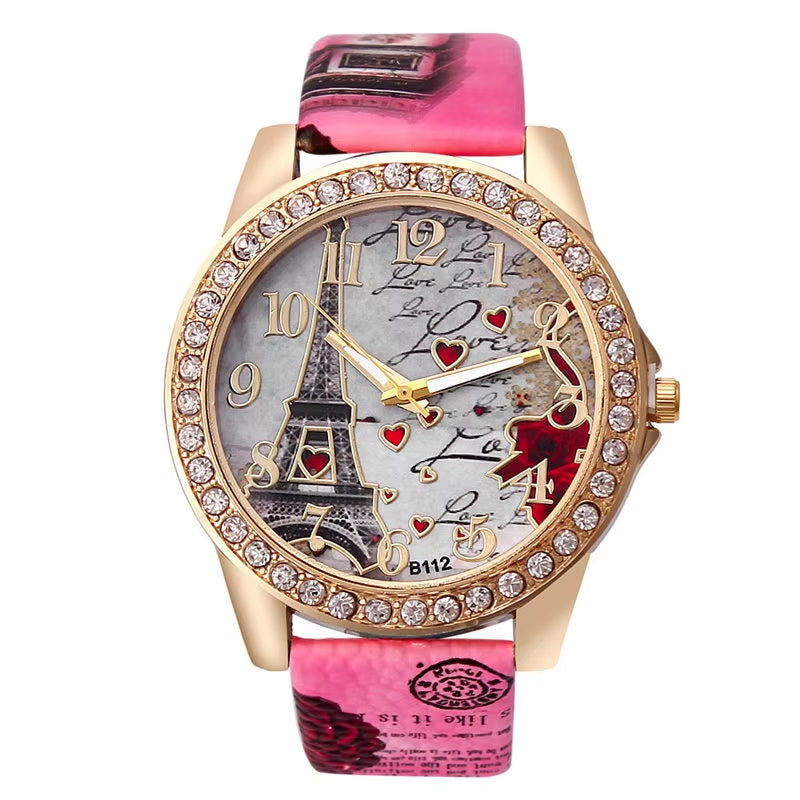 Women Big Watches Fashion Luxury Crystal Paris Eiffel Tower Watches Women Leather Band Quartz Wristwatch Casual Ladies Watches