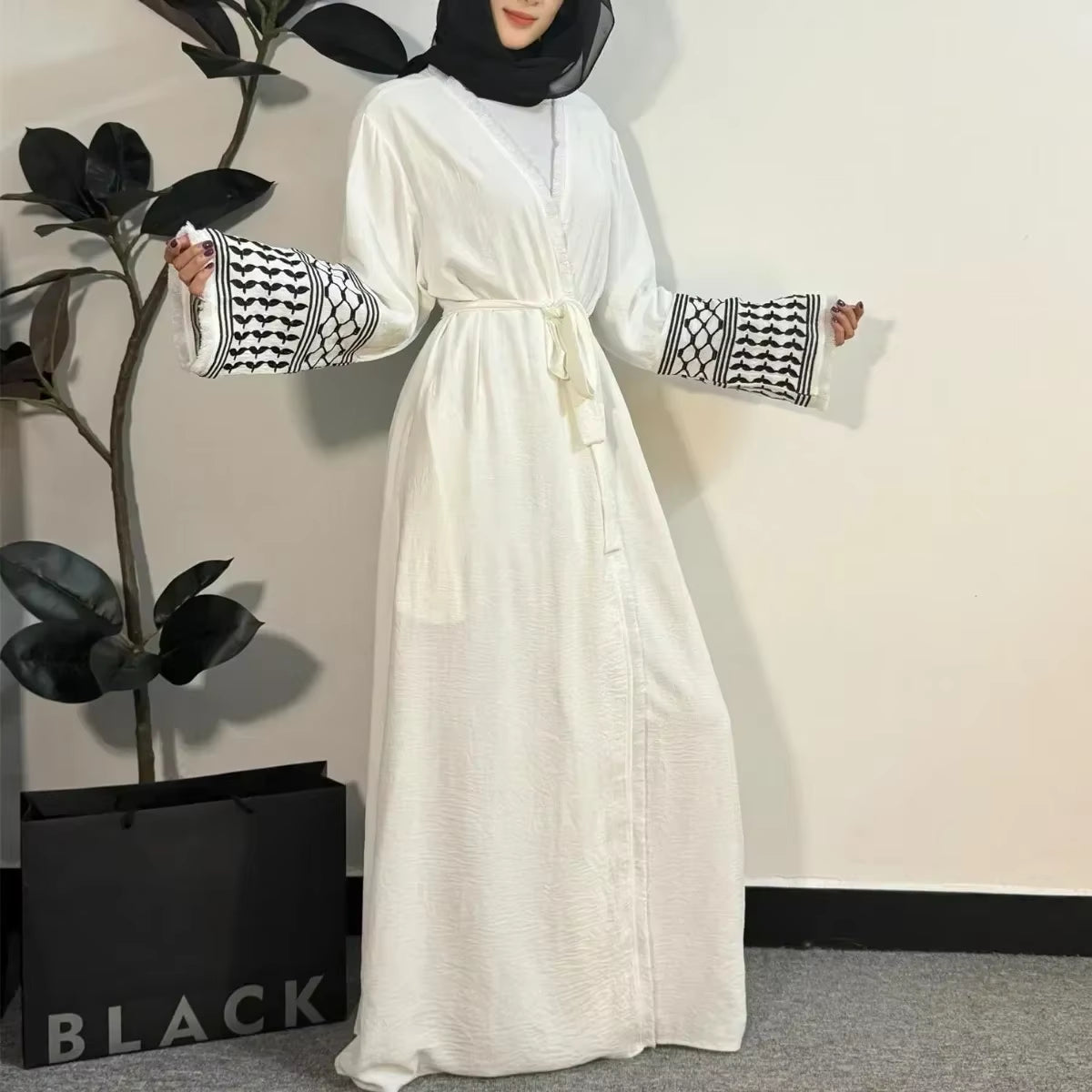 Women's Long Sleeve Open Front Abaya Cardigan with Tassel Embroidery - Maxi Dress Kaftan Jilbab