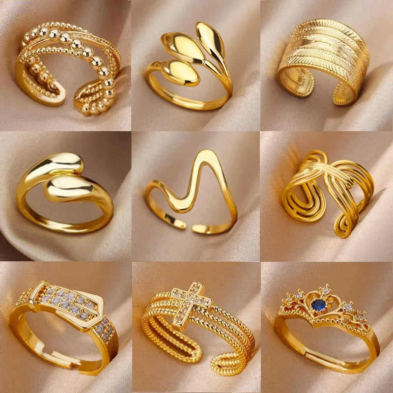 48 Style Women Stainless Steel Rings Gold Color Hollow Out Geometric Open Ring for Female Golden Charm Jewelry Accessories Gifts