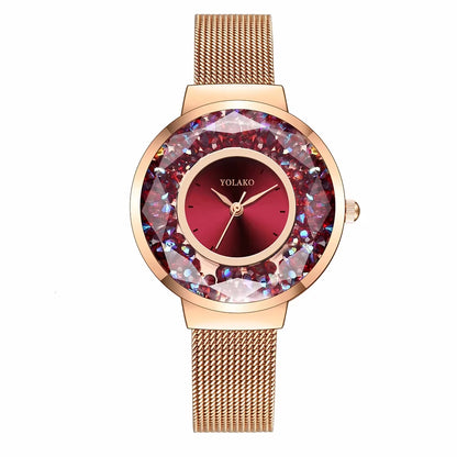 YOLAKO Luxury Women Dress Rose Gold Crystal Watches Stainless Steel Mesh Belt Quartz Watch Ladies Watches Relogio Feminino 2020