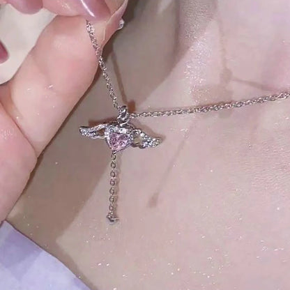 2025 Crystal Angel Wings Heart Pendant Necklace Y2K Girl Simple Pink White Zircon Love Elegant Ladies Necklace Women Jewelry