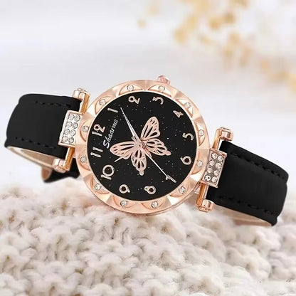 Women Luxury Watch Ring Necklace Earrings Rhinestone Butterfly Fashion Wristwatch Female Casual Ladies Watches Set Clock