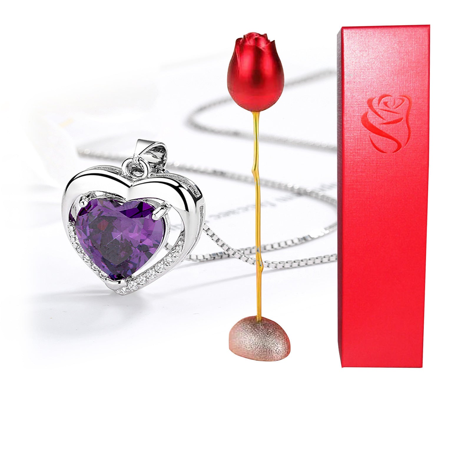 new Heart Shaped Blue Purple Crystal Diamond Pendant Rose Head Necklace