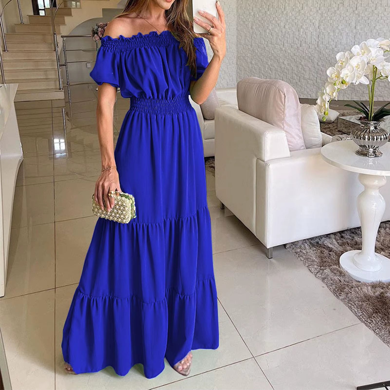 Boho Dresses for Women 2024 Summer Sexy off Shoulder Solid Color Flare Sleeve Tunic Dress Women Casual Mini Sundress Vestido