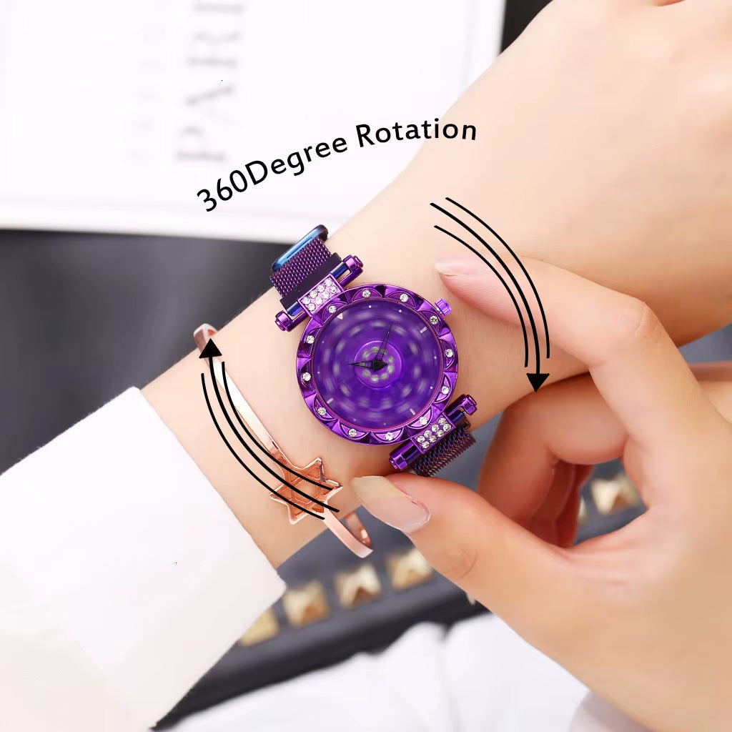 2025 Reloj Mujer Creative Whirling Women Watches Magnet Buckle Rotating Diamond Dial Quatrz Wristwatch Ladies Watches Best Gifts