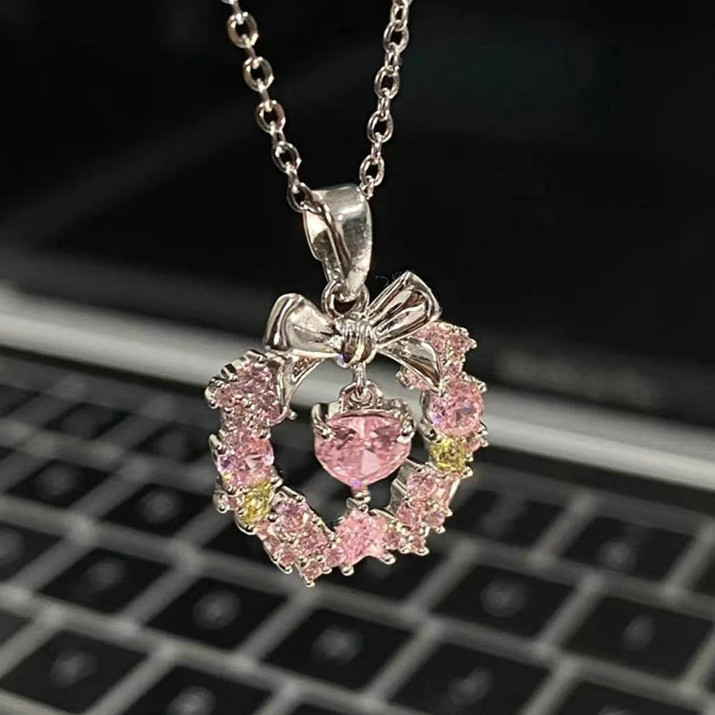 2025 Crystal Angel Wings Heart Pendant Necklace Y2K Girl Simple Pink White Zircon Love Elegant Ladies Necklace Women Jewelry