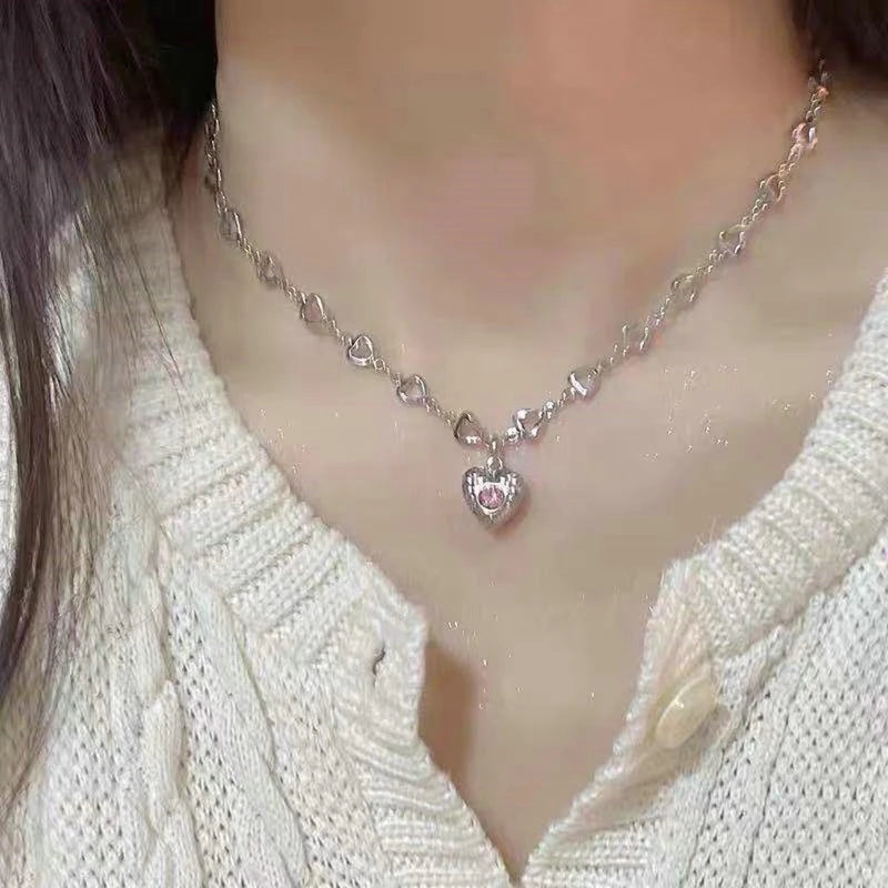 2025 Crystal Angel Wings Heart Pendant Necklace Y2K Girl Simple Pink White Zircon Love Elegant Ladies Necklace Women Jewelry