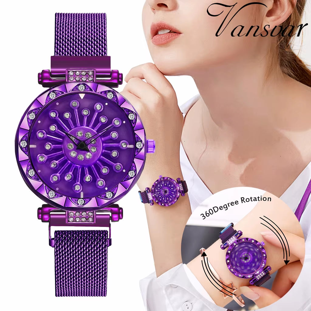 2025 Reloj Mujer Creative Whirling Women Watches Magnet Buckle Rotating Diamond Dial Quatrz Wristwatch Ladies Watches Best Gifts