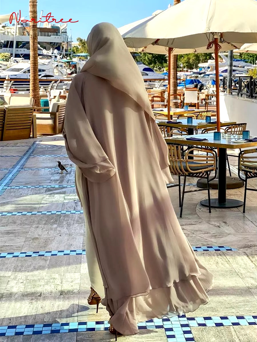 Chiffon Abaya Kimono for Women - Casual Islamic Cardigan with Belt, Dubai Style