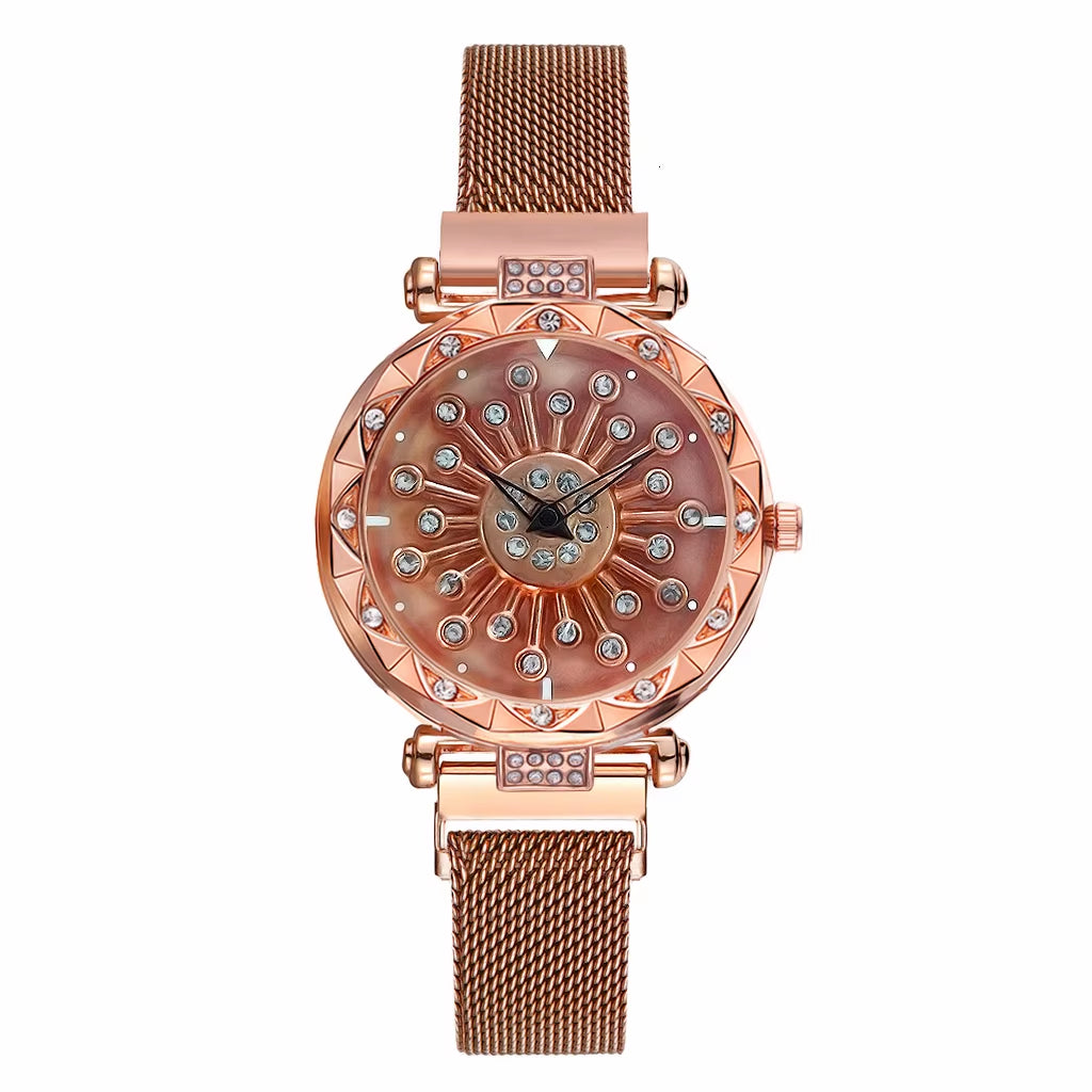 2025 Reloj Mujer Creative Whirling Women Watches Magnet Buckle Rotating Diamond Dial Quatrz Wristwatch Ladies Watches Best Gifts