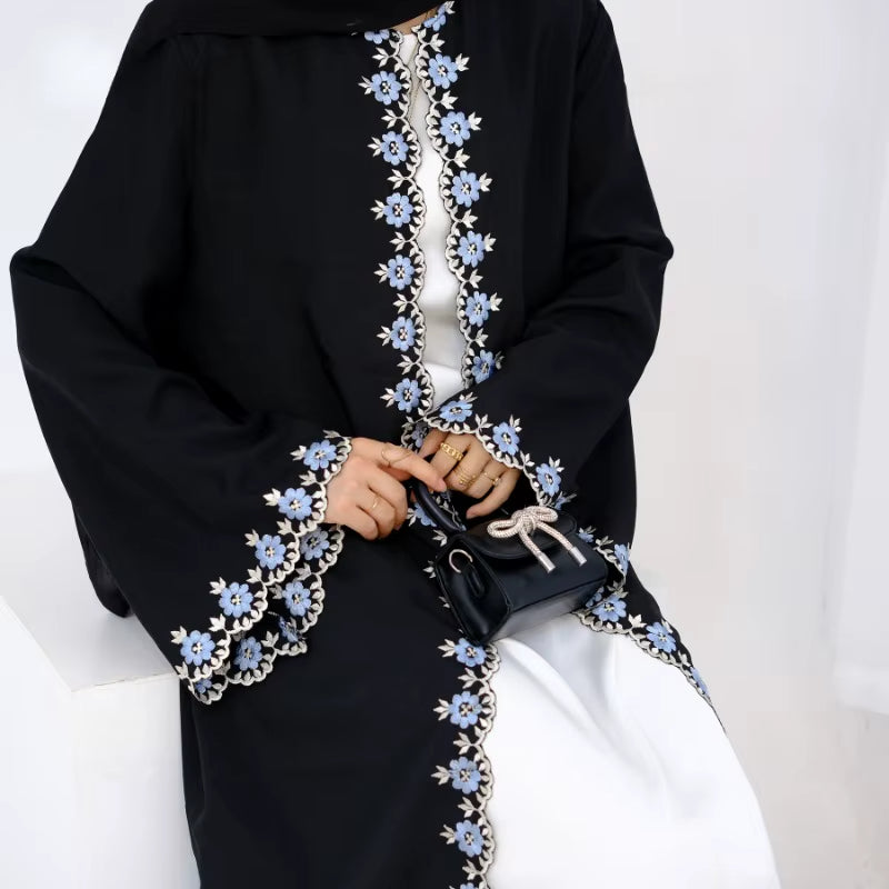 Embroidered Floral Open Abaya for Women - Ramadan Islamic Fashion Cardigan Robe from Dubai