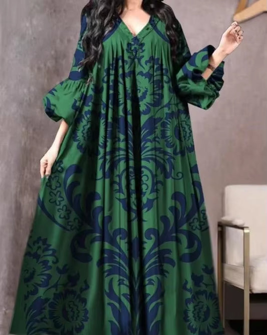 Elegant Vintage Printed Women's Abaya - Breathable Loose-Fitting Long Sleeve Robe with V-Neck Design