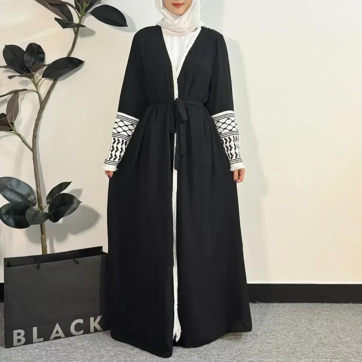 Women's Long Sleeve Open Front Abaya Cardigan with Tassel Embroidery - Maxi Dress Kaftan Jilbab