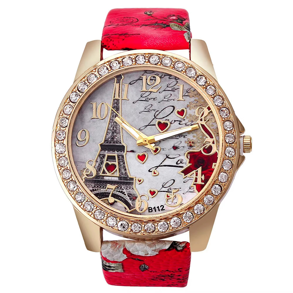 Women Big Watches Fashion Luxury Crystal Paris Eiffel Tower Watches Women Leather Band Quartz Wristwatch Casual Ladies Watches