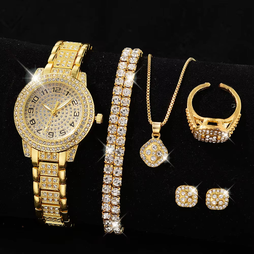 Golden Watch Women Ring Necklace Earrings Rhinestone Fashion Wristwatch Female Casual Ladies Watches Bracelet Set Clock