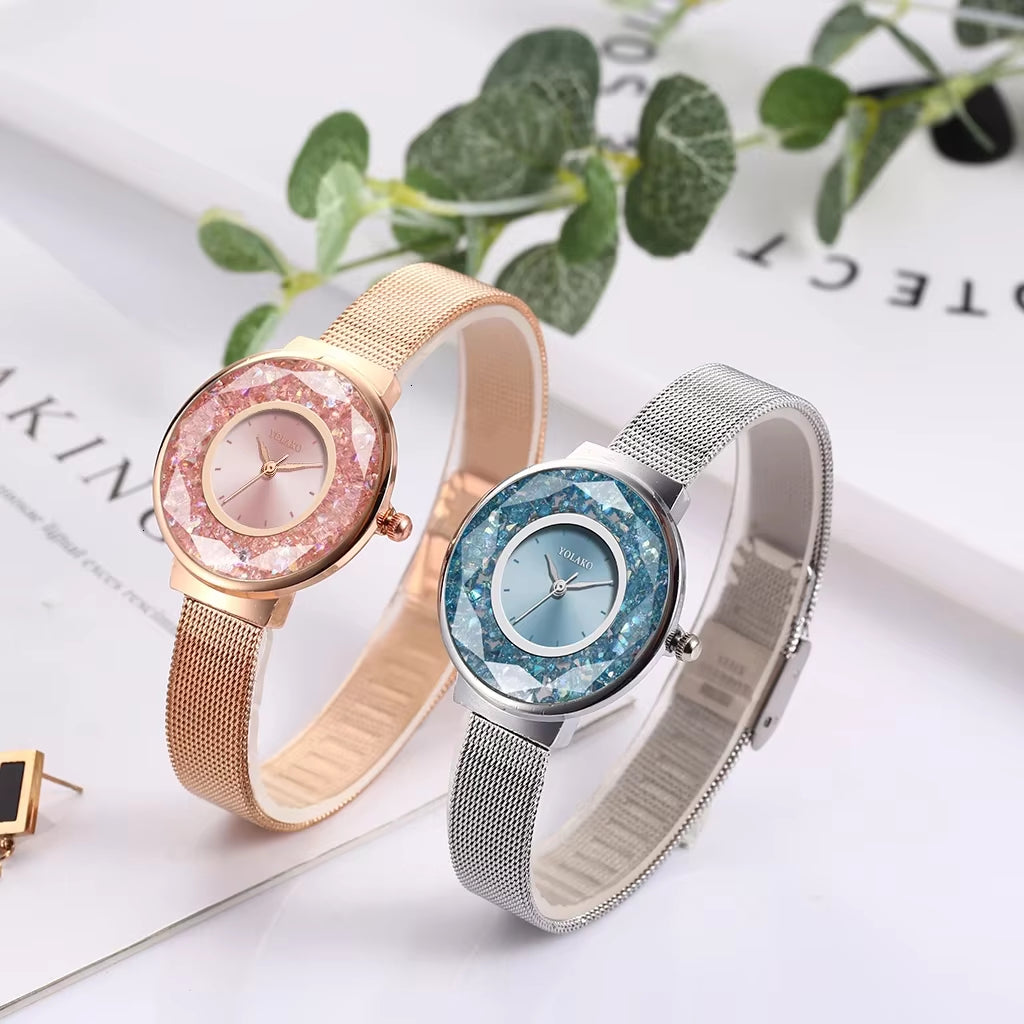 YOLAKO Luxury Women Dress Rose Gold Crystal Watches Stainless Steel Mesh Belt Quartz Watch Ladies Watches Relogio Feminino 2020