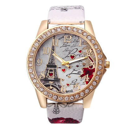 Women Big Watches Fashion Luxury Crystal Paris Eiffel Tower Watches Women Leather Band Quartz Wristwatch Casual Ladies Watches