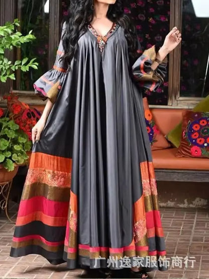 Elegant Vintage Printed Women's Abaya - Breathable Loose-Fitting Long Sleeve Robe with V-Neck Design