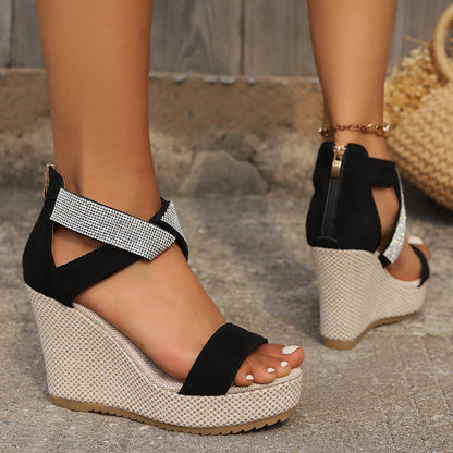 Fish Mouth High Wedges Sandals with Rhinestone Design Fashion Summer Platform Shoes for Women