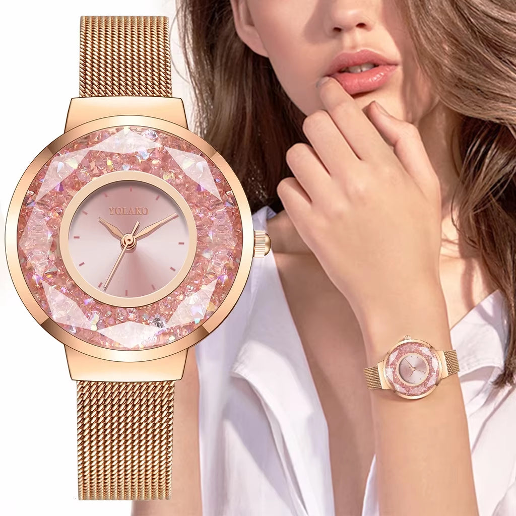 YOLAKO Luxury Women Dress Rose Gold Crystal Watches Stainless Steel Mesh Belt Quartz Watch Ladies Watches Relogio Feminino 2020