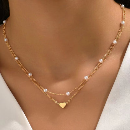 Special-Interest Design Double Layer Twin Pearl Heart Necklace