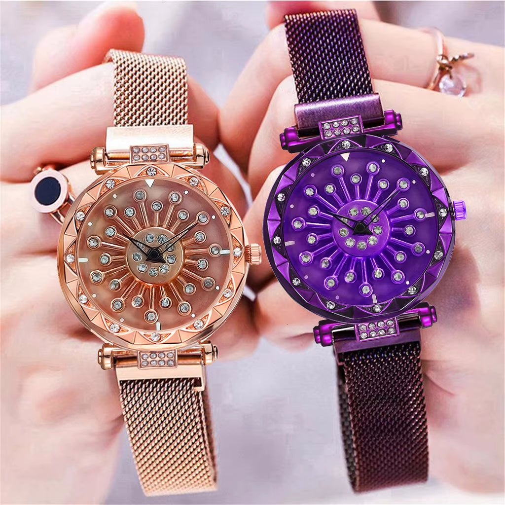 2025 Reloj Mujer Creative Whirling Women Watches Magnet Buckle Rotating Diamond Dial Quatrz Wristwatch Ladies Watches Best Gifts