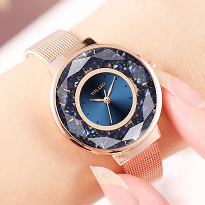 YOLAKO Luxury Women Dress Rose Gold Crystal Watches Stainless Steel Mesh Belt Quartz Watch Ladies Watches Relogio Feminino 2020