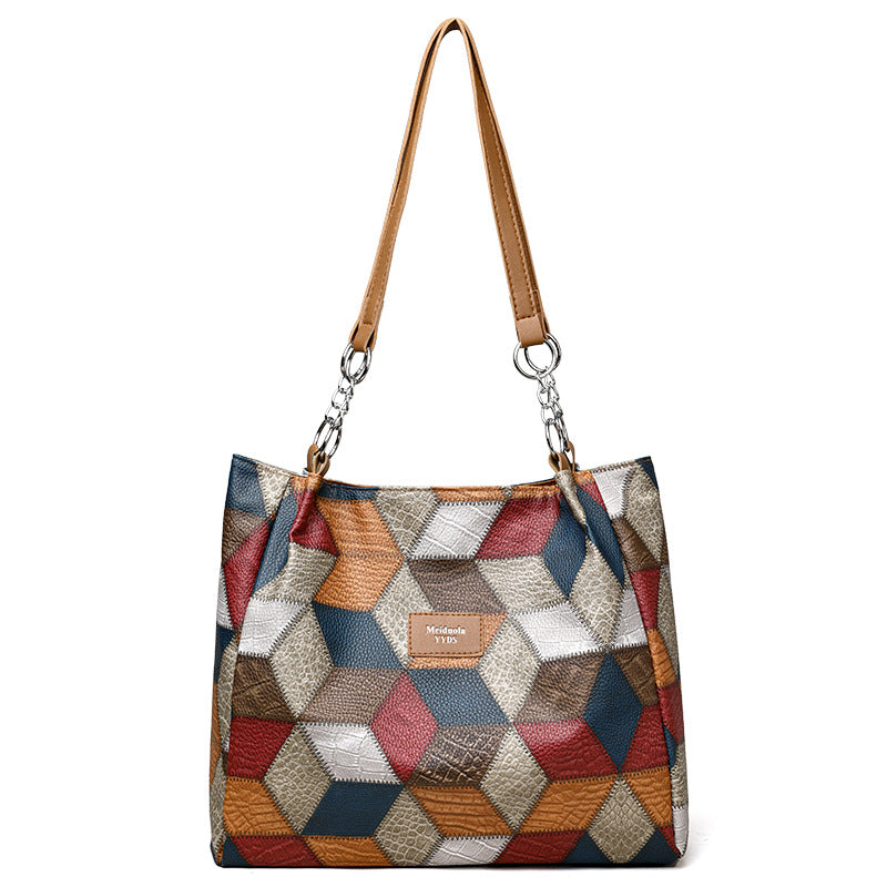 Retro Geometric Pattern Color-Matching Shoulder Bag Fashion Large Capacity Stitching Handbag for Women Totes