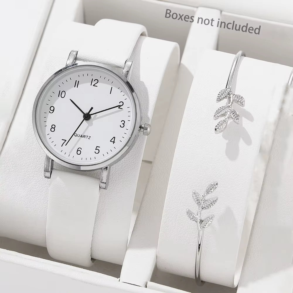 Simple Women'S Watches 2Pcs Set White Dial Leather Strap Quartz Wristwatches Bracelet Set Casual Ladies Watches Clock Gift