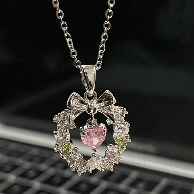 2025 Crystal Angel Wings Heart Pendant Necklace Y2K Girl Simple Pink White Zircon Love Elegant Ladies Necklace Women Jewelry