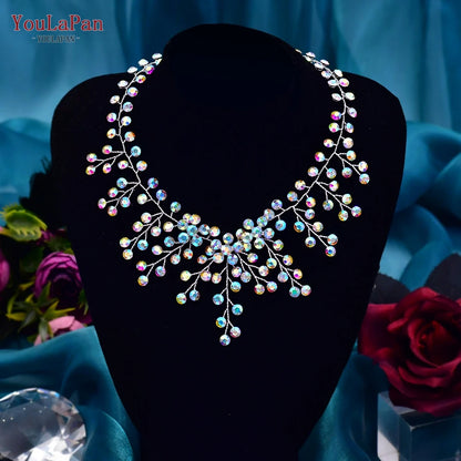 TOPQUEEN Elegant Crystal Woman Necklace Bridal Clavicle Chain Choker Wedding Party Diamante Brides Jewelry Anniversary Gift HN01