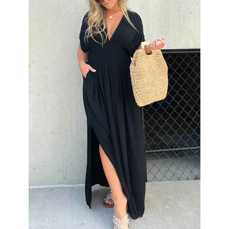 Fashion Bat-Sleeved V-Neck Slit Dress Summer Short Sleeve Elastic Waist Long Dresses Womens Clothing