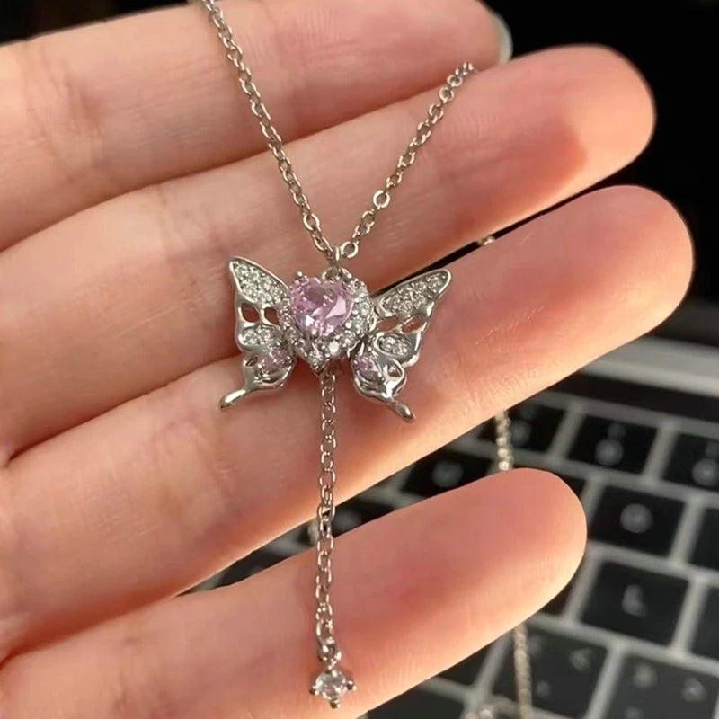 2025 Crystal Angel Wings Heart Pendant Necklace Y2K Girl Simple Pink White Zircon Love Elegant Ladies Necklace Women Jewelry