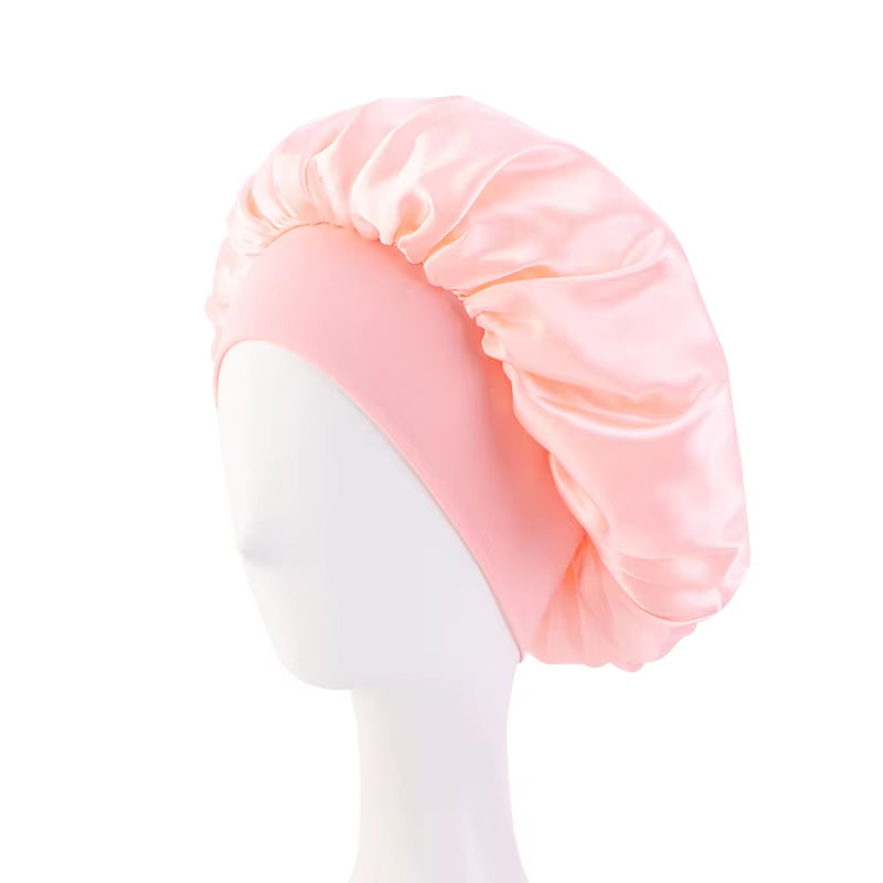 New Women'S Satin Solid Wide-Brimmed Sleeping Hat Unisex Head Wrap Elastic Band Cap Hair Care Bonnet Night Hat Bonnet De Nuit