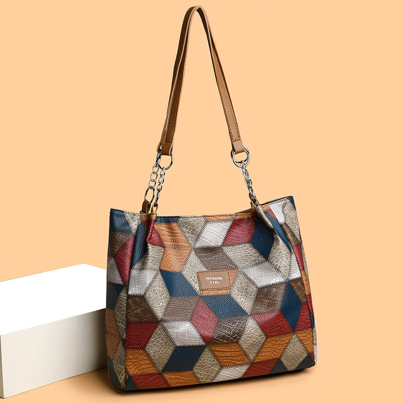 Retro Geometric Pattern Color-Matching Shoulder Bag Fashion Large Capacity Stitching Handbag for Women Totes